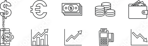 Banking and financial transaction line icon set including money wallet coins credit card terminal and mobile payment growth charts for business