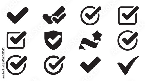 Minimalist black check marks and star ribbon icons for confirmation and achievement in website design set