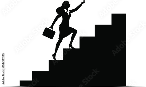 Woman in business attire climbing stairs with briefcase, symbolizing career advancement and personal achievement in professional life
