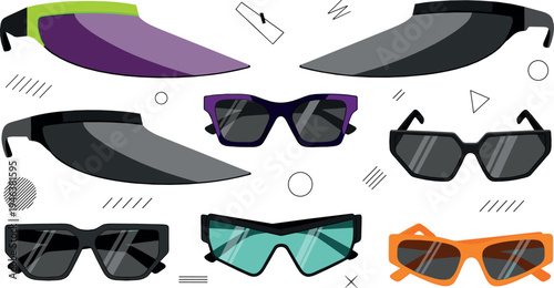 Modern sport sunglasses collection with futuristic visor and stylish eyewear frames trendy fashion accessory vector illustration set