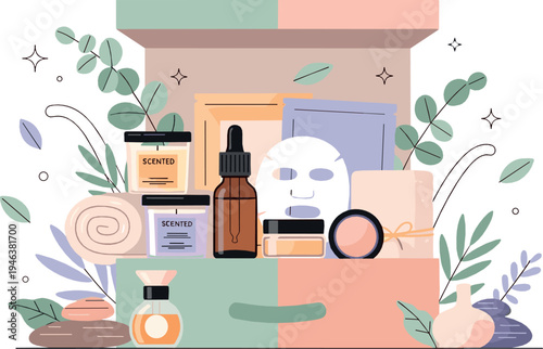 Natural skincare cosmetics set with bottles, creams, soap and beauty products surrounded by botanical leaves, organic spa wellness illustration