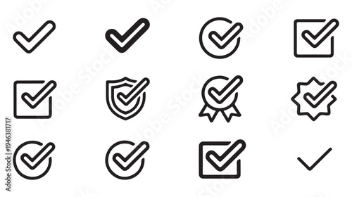 Linear check mark icon pack with thin outline style for modern minimalist graphic design and user branding