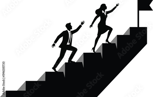 Man and woman business partners ascending stairs towards flag, illustrating teamwork, shared vision, and mutual success in corporate world