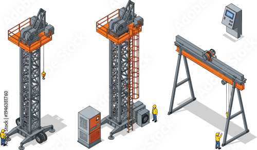 Industrial lifting equipment cranes and hoists isometric vector illustration construction machinery factory engineering heavy equipment collection
