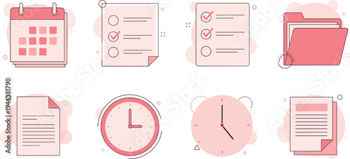 Office productivity icons set including calendar checklist documents folder clock and paperwork management vector illustration collection
