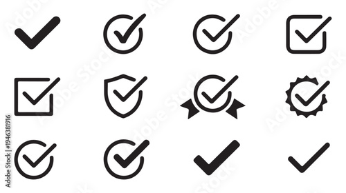 Set of black checkmark icons and symbols representing confirmation approval success and verification tasks