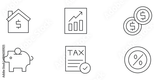 Financial icons vector set, personal finance and banking graphic, isolated real estate tax savings growth symbol, minimal line art money investment pack, fintech UI UX design element