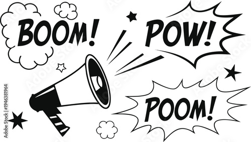 Comic book style megaphone with boom pow poom effects