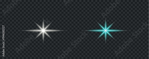 Collection of bright white starbursts and lens flares on a transparent background varying in shape