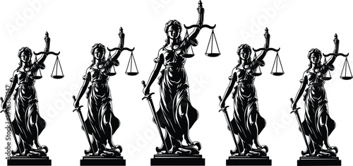 Lady Justice statue silhouettes holding scales and sword legal law symbol vector illustration justice concept collection