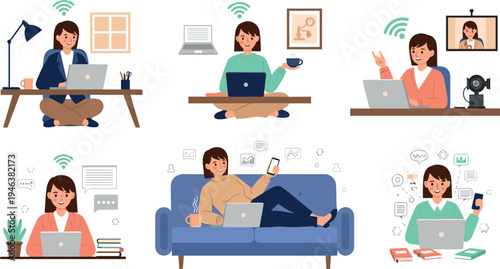 People working from home with laptops and smartphones, remote work lifestyle scenes including video calls, freelancing and online communication illustration set