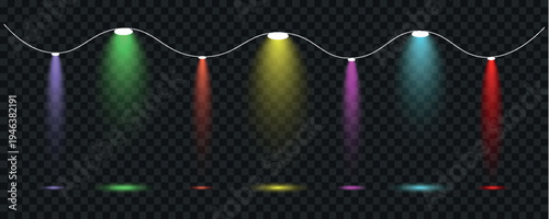 A collection of vibrant spotlights in various colors illuminates a transparent black background creating a dynamic effect