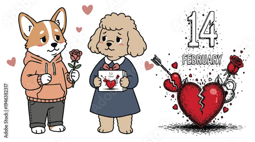 Corgi and poodle dogs on Valentines Day with hearts and roses