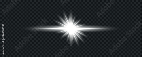 Collection of bright white starbursts and lens flares on a transparent background varying in shape