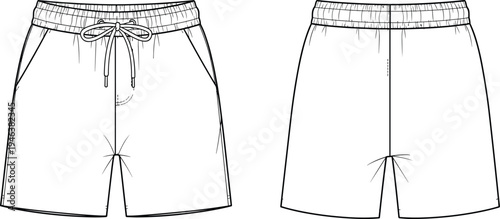 Men casual shorts technical drawing front and back view sportswear clothing apparel vector illustration isolated fashion design template