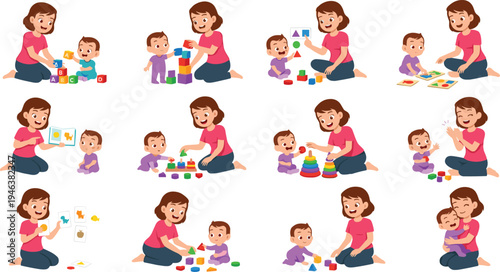 Early Childhood Learning Activities Icon Set with Stacking Blocks, Educational Toys, Reading, and Playtime for Infants and Toddlers