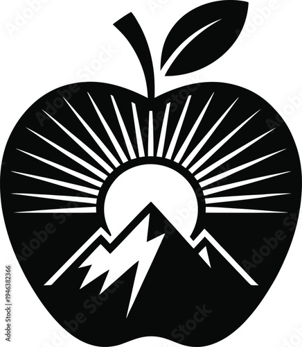 Apple Silhouette Featuring Mountain Sunrise Landscape Design