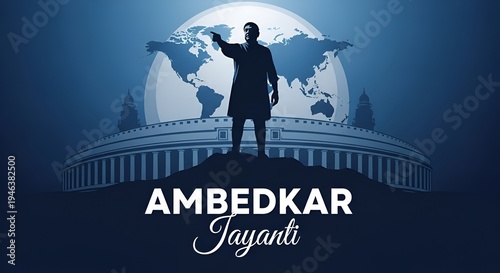 Respectful Ambedkar Jayanti Tribute: Detailed Silhouette of Dr. B.R. Ambedkar Presenting the Indian Constitution Against the Map of India and Parliament Building, Symbolizing Social Justice and ... Se