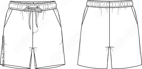 Men casual shorts technical drawing front and back view sportswear clothing apparel vector illustration isolated fashion template