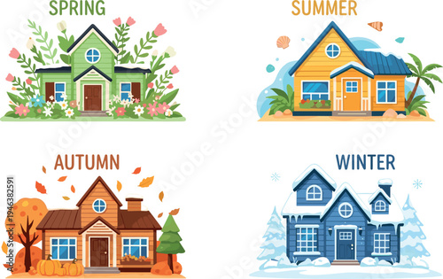 Seasonal houses collection showing spring, summer, autumn and winter homes with nature elements, colorful weather themed illustration set