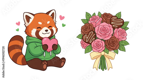 Cute red panda holding heart with bouquet of roses