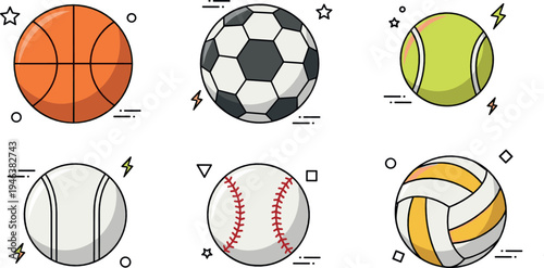 Sports balls collection including basketball soccer tennis baseball softball and volleyball modern vector illustration set