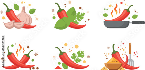 Spicy chili pepper cooking ingredients set with garlic herbs frying pan and seasoning colorful food vector illustration collection