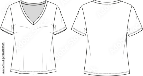 Women V Neck T Shirt Technical Fashion Sketch with Front and Back Views Short Sleeve Apparel Template Vector Illustration