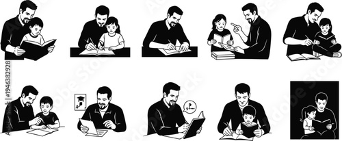 Father and Child Reading and Learning Icon Set with Study Time, Education, and Parent-Child Bonding Moments