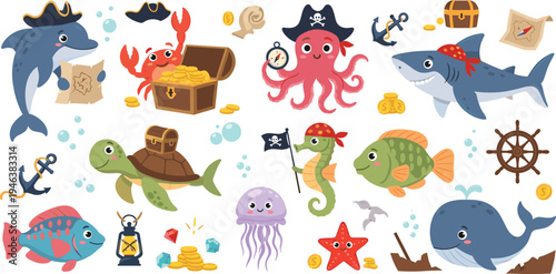 Pirate Underwater Adventure Icon Set with Marine Animals, Treasure Maps, Ships, and Pirate-Themed Sea Creatures for Kids