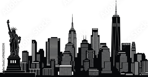 New York City skyline silhouette with Statue of Liberty and skyscrapers iconic Manhattan cityscape urban architecture vector illustration