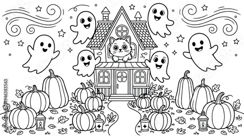 Halloween scene with ghosts pumpkins and house with cat  spooky night illustration