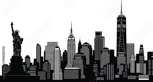 New York City skyline silhouette with Statue of Liberty and skyscrapers urban landmark architecture vector illustration isolated design
