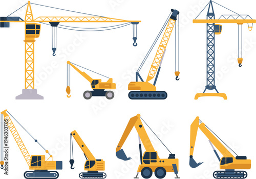 Collection of construction cranes and excavators including tower crane mobile crane crawler crane and digging machines isolated on white industrial machinery vector set