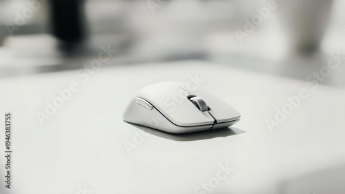 Wireless Computer Mouse on a White Desk, Close-Up Shot of Modern Technology.