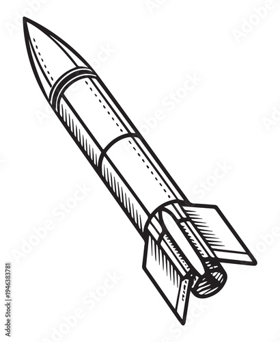 Hand drawn vintage rocket illustration retro sketch missile with fins science technology Vector Art Illustrations