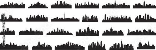 City skyline silhouettes mega collection with different urban skylines and skyscraper panoramas, black vector illustration set isolated for architecture design, travel backgrounds 