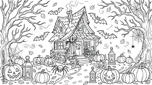 Halloween scene with house pumpkins bats and trees