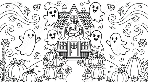Halloween themed house with ghosts and pumpkins in a spooky autumn scene