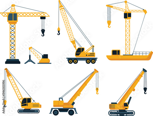 Collection of industrial construction cranes including tower, mobile, crawler and floating crane vector illustration set isolated on light background for engineering and building industry