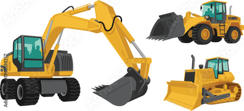 Construction machinery set including excavator, wheel loader and bulldozer, detailed vector illustration isolated for heavy equipment, engineering industry, building site and earthmoving operations