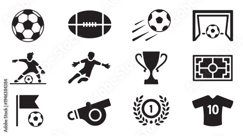 Collection of sports icons featuring soccer ball football player goalkeeper trophy stadium and goalpost