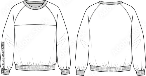 Crewneck Sweatshirt Technical Fashion Sketch with Front and Back Views Long Sleeve Casual Apparel Template Clothing Design Vector Illustration