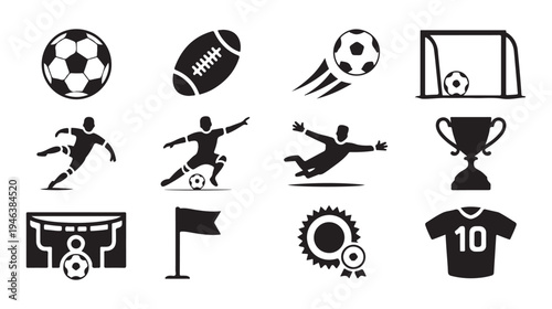 Soccer football icons set collection with ball goal net player trophy cup medal and jersey shirt symbols