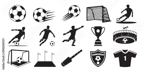 Football soccer vector elements including various ball positions goal posts players and championship awards