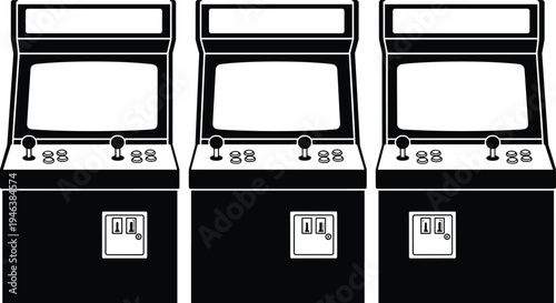 Retro arcade machines vector illustration featuring three classic gaming cabinets isolated in black and white vintage arcade entertainment concept design