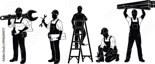 Construction worker silhouettes set with ladder, wrench, blueprint, drilling tool and carrying beams industrial labor team black vector illustration