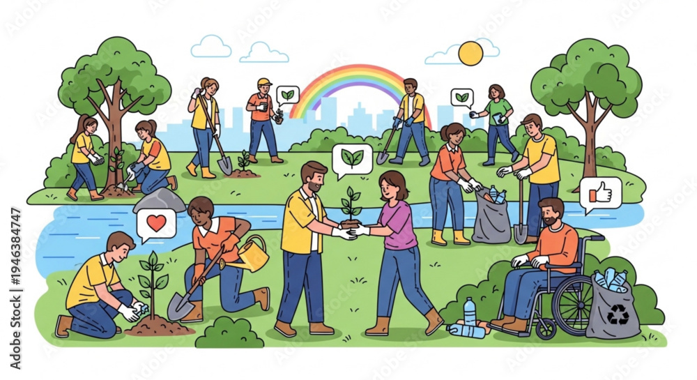 Fototapeta premium People of different abilities planting trees and recycling in a park with a rainbow