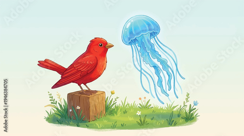 red bird standing on a tree stump looking at a jellyfish in the air