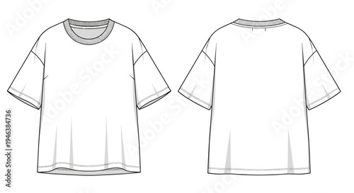 Basic t shirt technical fashion sketch showing front and back view blank casual apparel template isolated vector illustration